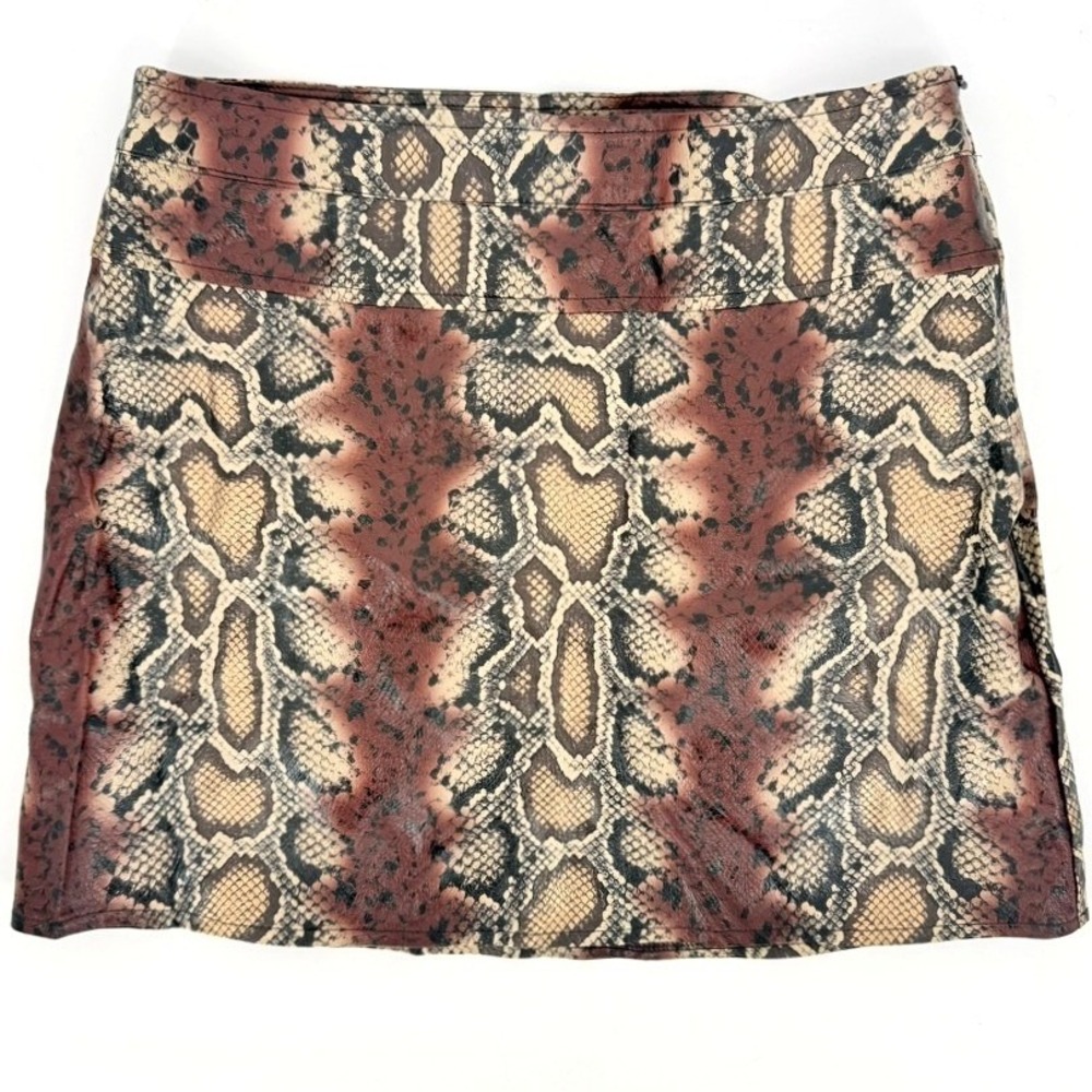 Brown Snakeskin Faux Leather Mini Skirt L Animal Print Y2K Edgy Indie Sleeze